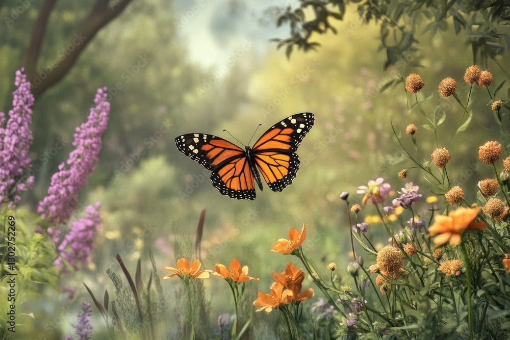 Monarch butterfly in flight over vibrant wildflowers. Monarch butterfly in flight over vibrant wildflowers.