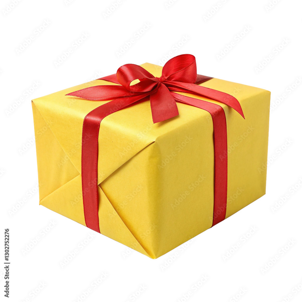 Obraz premium Yellow gift box with red ribbon isolated on transparent background Generative Ai