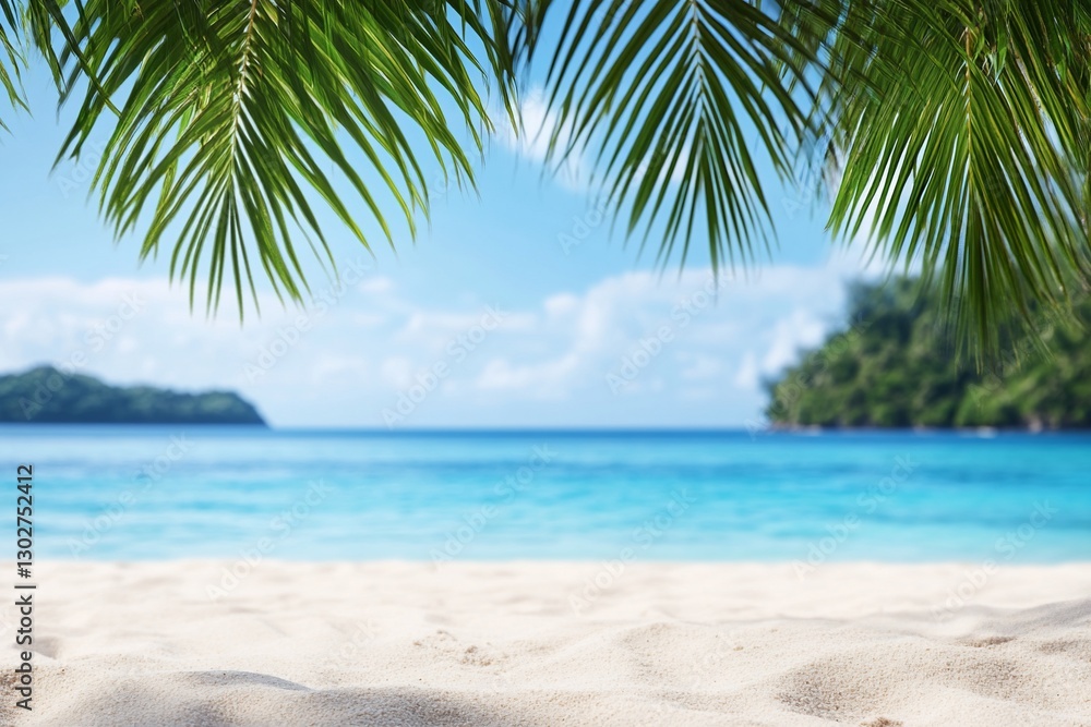 Tropical beach, palm leaves, ocean, vacation, background, nature, relaxation Tropical beach, palm leaves, ocean, vacation, background, nature, relaxation