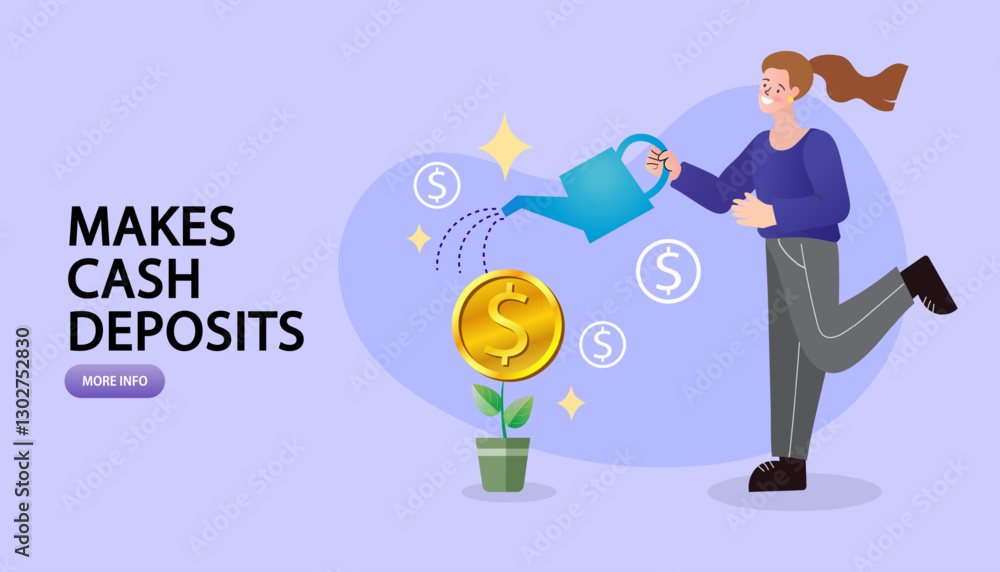vector of a woman watering a growing money plant , symbolizing investment growth and financial success. concept of savings, cash deposits, wealth management, and financial planning. vector of a woman watering a growing money plant , symbolizing investment growth and financial success. concept of savings, cash deposits, wealth management, and financial planning.