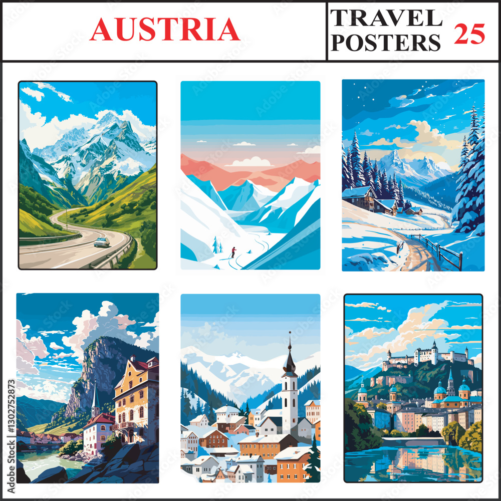 Fototapeta premium Austria Grossglockner Solden Reiteralm Travel Poster Wall Art Print Collection Set Part 25