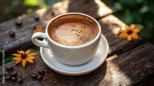 Cup of coffee placed on a rustic wooden table with natural lighting in a cozy setting