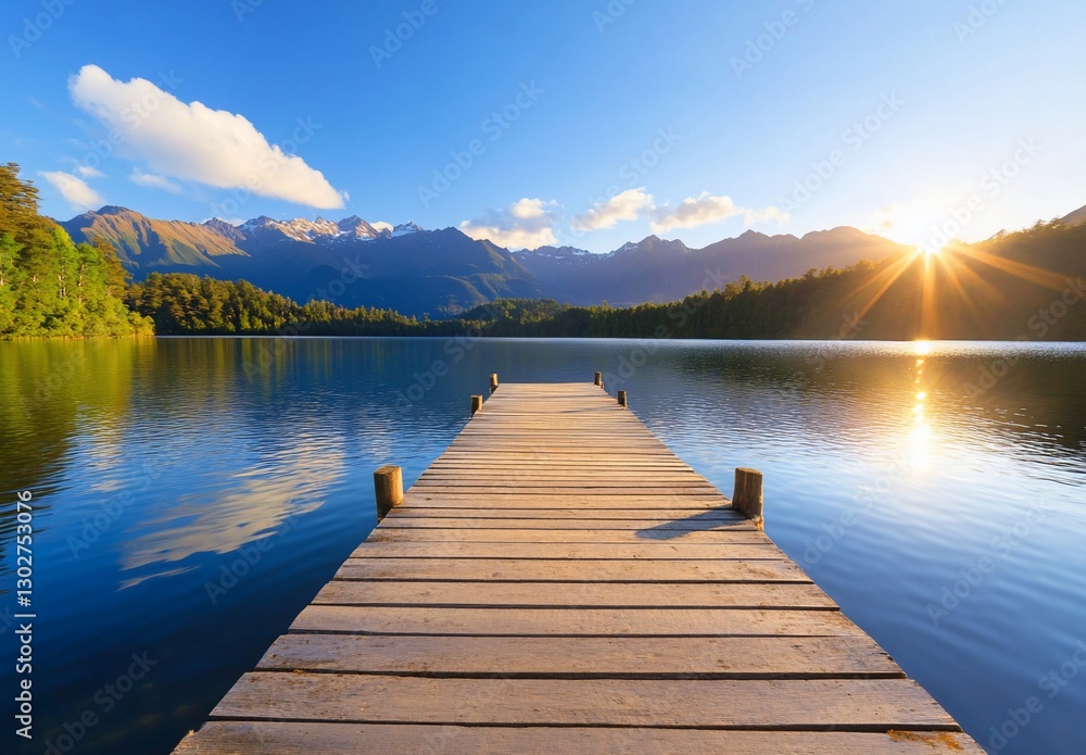 Obraz premium Lakeside pier at sunrise, tranquil mountain lake, scenic view, peaceful atmosphere, suitable for wallpaper, desktop background, or travel brochure