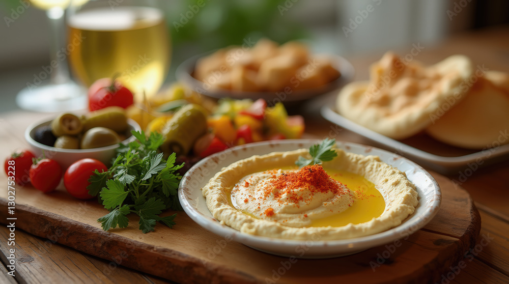 A vibrant mezze platter showcases creamy hummus drizzled with olive oil and garnished with spices, accompanied by olives, tomatoes, pita bread, and a refreshing beverage A vibrant mezze platter showcases creamy hummus drizzled with olive oil and garnished with spices, accompanied by olives, tomatoes, pita bread, and a refreshing beverage
