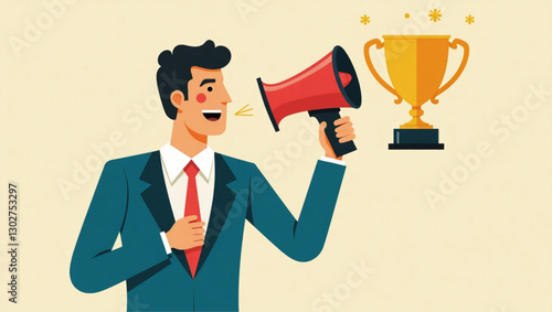 Businessman Telling Success Story with Megaphone and Trophy to Inspire Team
