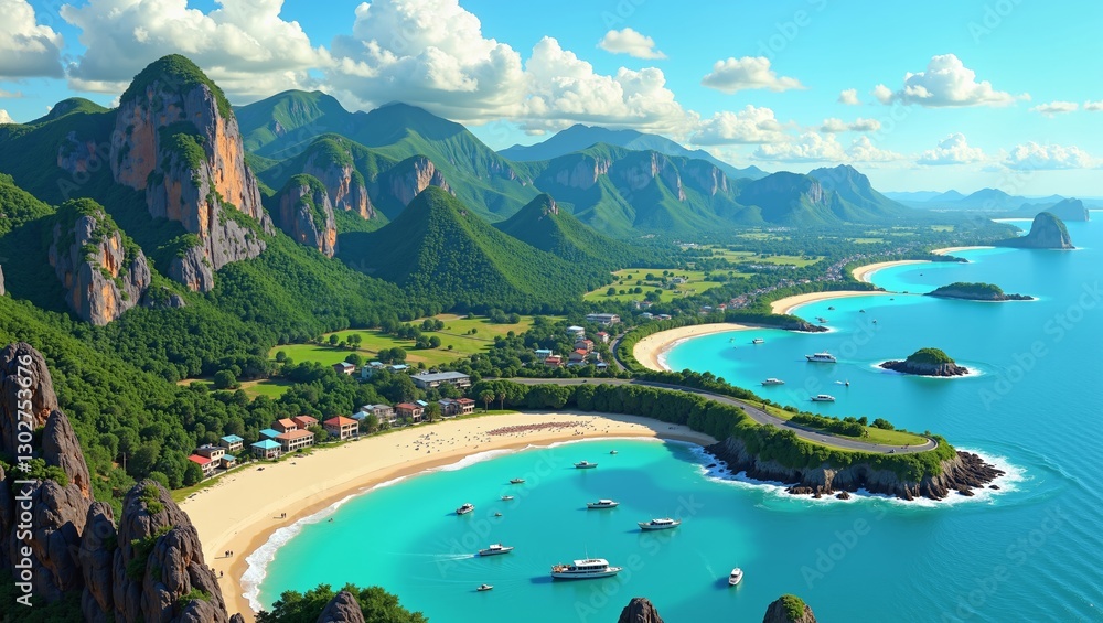 Fototapeta premium Stunning aerial view showcasing Philippine Island Shore, vibrant turquoise waters, sandy beaches, lush greenery surrounding dramatic cliffs. Concept: Philippine Island Shore beauty captured in nature
