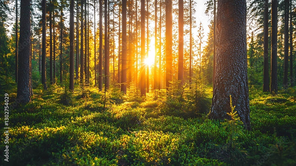 Fototapeta premium Sun beaming through tall trees in a lush forest setting, creating a vibrant, natural, scenic backdrop