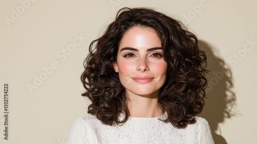 Confident Woman with Curly Hair Smiling Against Neutral Background