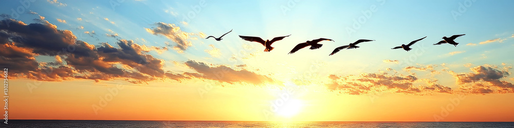 Naklejka premium Birds fly over a calm ocean at sunrise, with vibrant clouds and sunlight. Concept of serenity and beauty of nature. For sales in home decor.