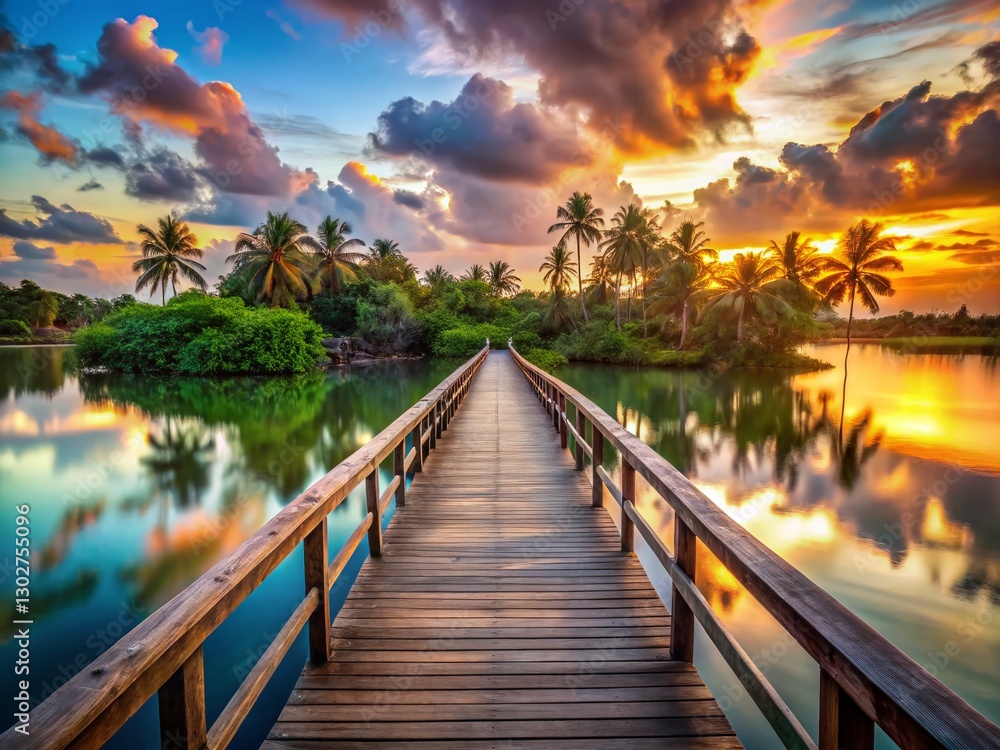 Fototapeta premium Serene Lagoon Bridge Crossing at Sunset, Idyllic Tropical Island Landscape
