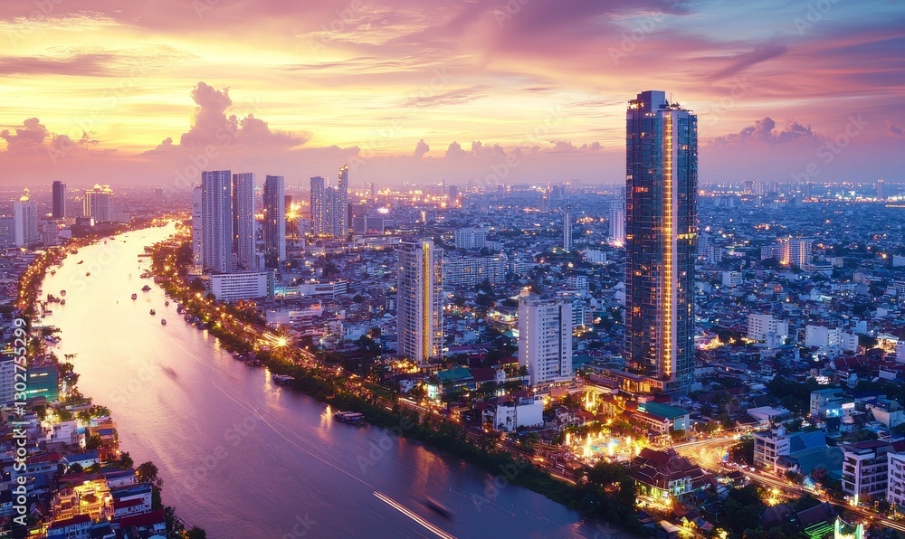 Fototapeta premium Bangkok city river sunset cityscape aerial view, urban skyline background, travel destination