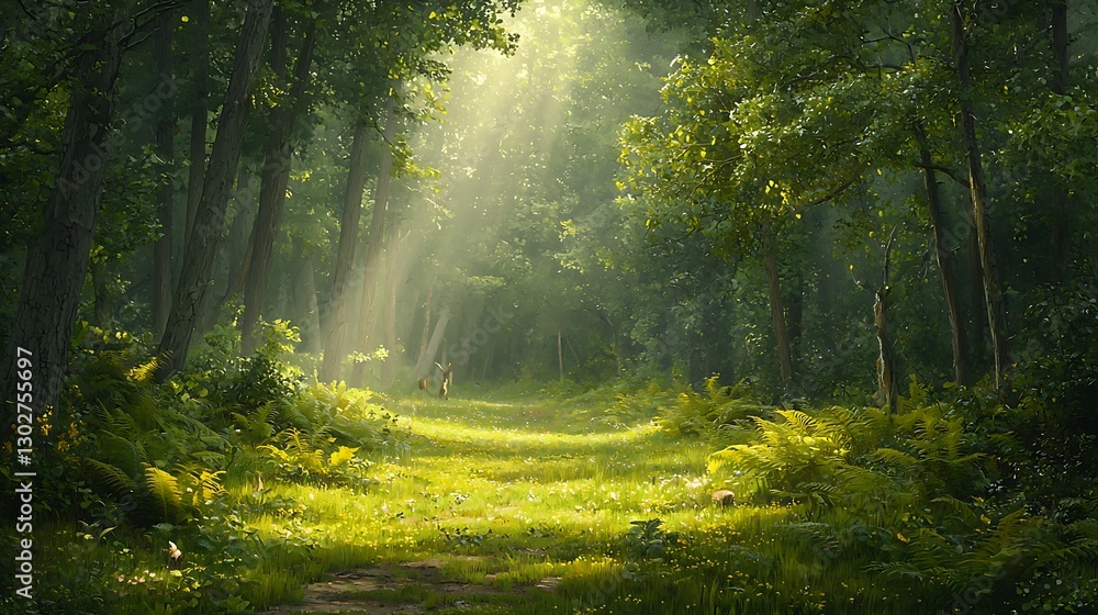 Obraz premium Sunlight illuminates a path through a lush, green forest with deer in the distance