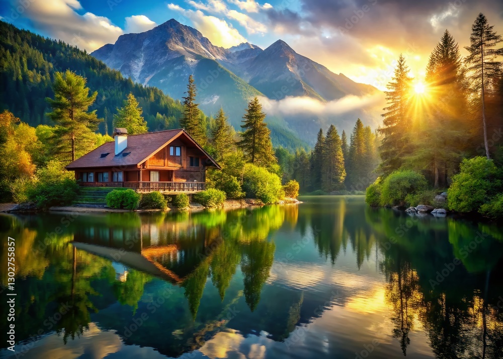 Naklejka premium Serene Mountain Lake House Retreat: Peaceful Lakeside Cabin Getaway with Stunning Mountain Views