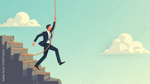 Choosing Between Hard and Easy Paths: Businessman Climbs Rope Instead of Ladder, Success Metaphor