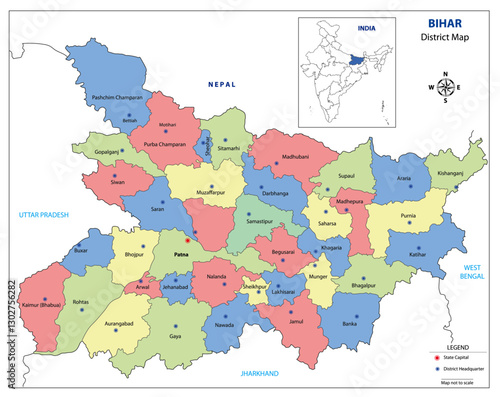 Bihar State Outline with District Borders 