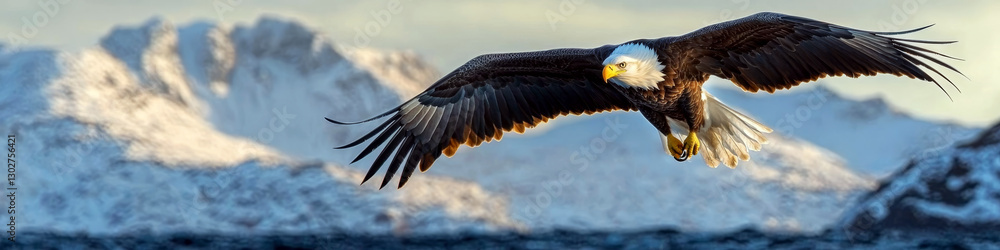 Obraz premium Eagle soars with wings spread wide against snow-capped mountains. Concept of freedom and nature. For wildlife poster.