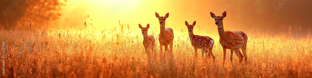 Fototapeta premium Four deer stand in a sunlit meadow, looking forward amidst tall grass. Concept of nature and tranquility. For wildlife photo.