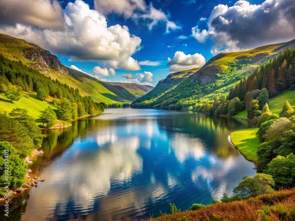 Naklejka premium Serene Upper Lake Glendalough, Ireland: Scenic Landscape Photo