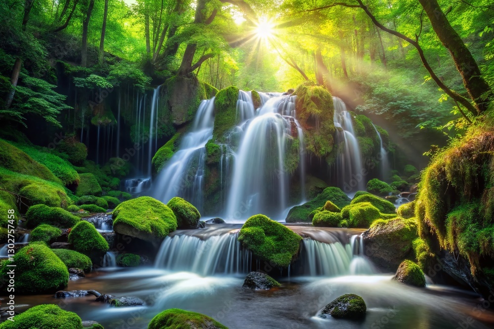 Fototapeta premium Serene Waterfall in Lush Green Forest: Nature's Tranquil Escape