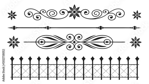 Elegant Black & White Ornamental Dividers: Decorative Flourishes, Floral Accents, Fence Border - Graphic Design Elements