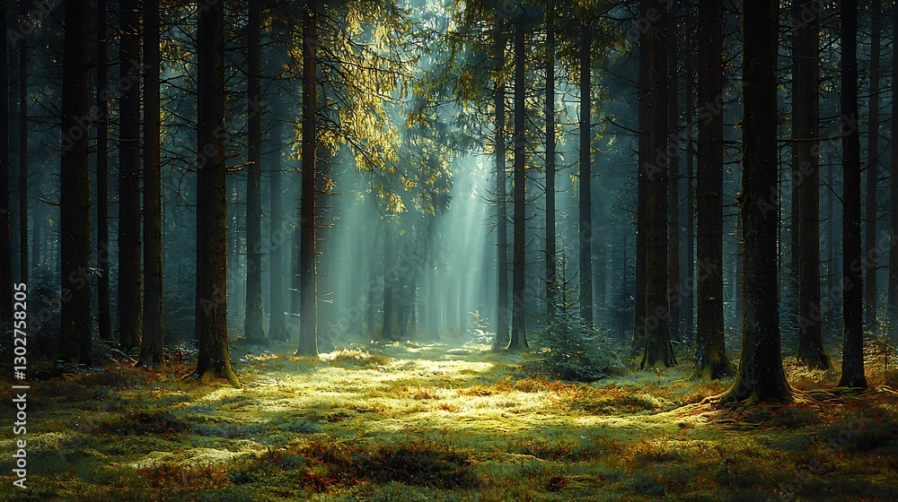 Fototapeta premium Sunlight streams through tall trees in a lush, green forest, illuminating the forest floor