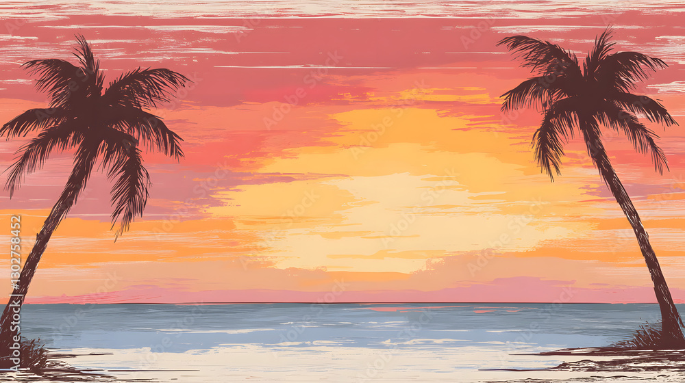 Obraz premium Sunset over the ocean with palm trees silhouetted against a colorful sky