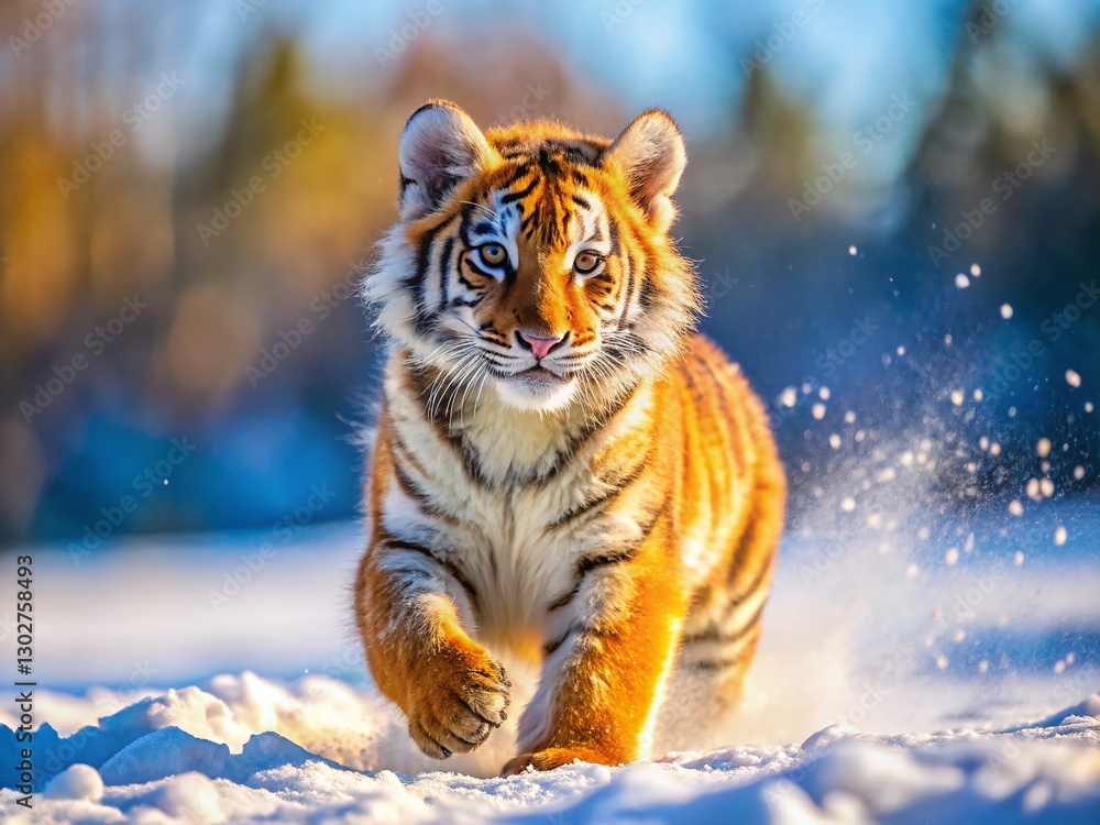 Obraz premium Siberian Tiger Cub Playing in Snow, Winter Wildlife, Endangered Animal, Majestic Beast, Sunny Day