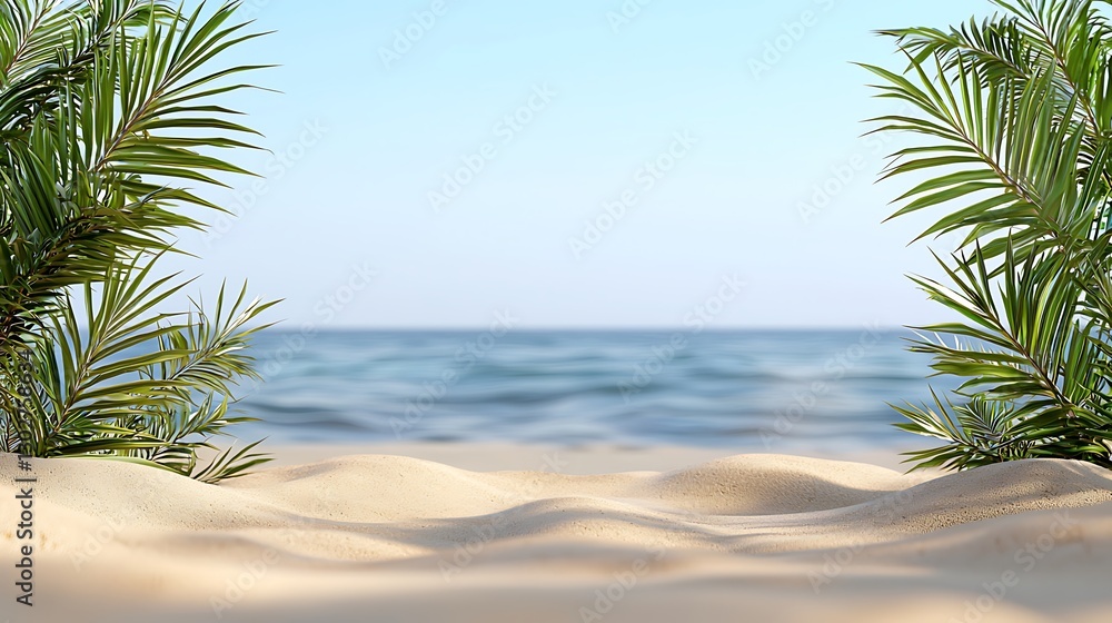 Fototapeta premium Beach scene, tropical leaves, ocean background, digital art, for product display