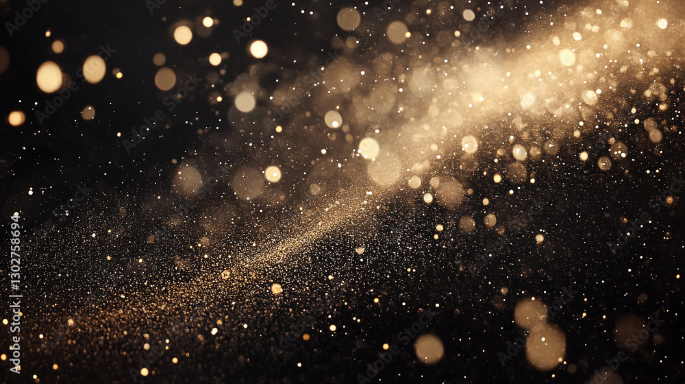Obraz premium Abstract golden dust and light particles sparkle against a dark background, creating a dreamy and ethereal effect, suggesting luxury and festive celebration.