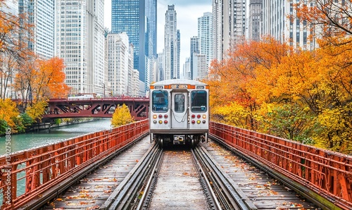 Chicago elevated train crossing river bridge amidst autumn foliage, urban commute
