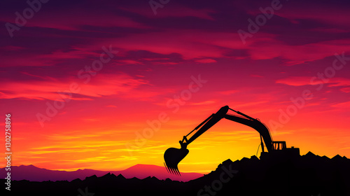 Wallpaper Mural Excavator silhouette against a colorful sunset backdrop Torontodigital.ca