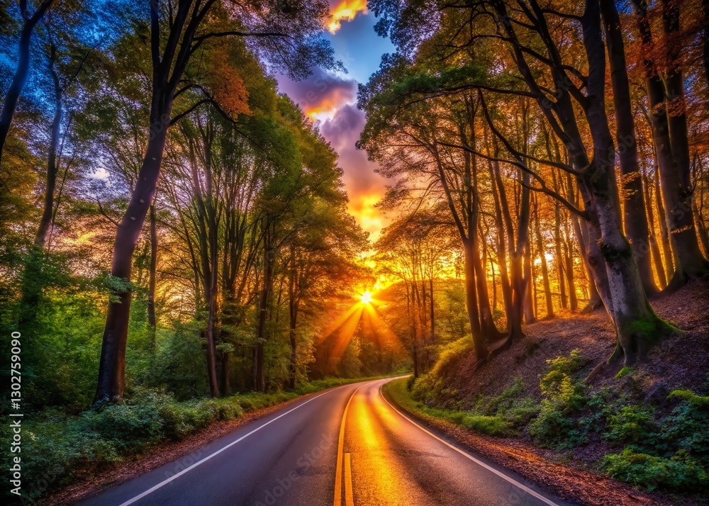 Fototapeta premium Silhouetted Road Winding Through Canterbury Woods at Sunset