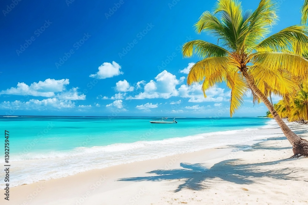 Obraz premium Palm trees on the caribbean tropical beach. Saona Island, Dominican Republic. Vacation travel background