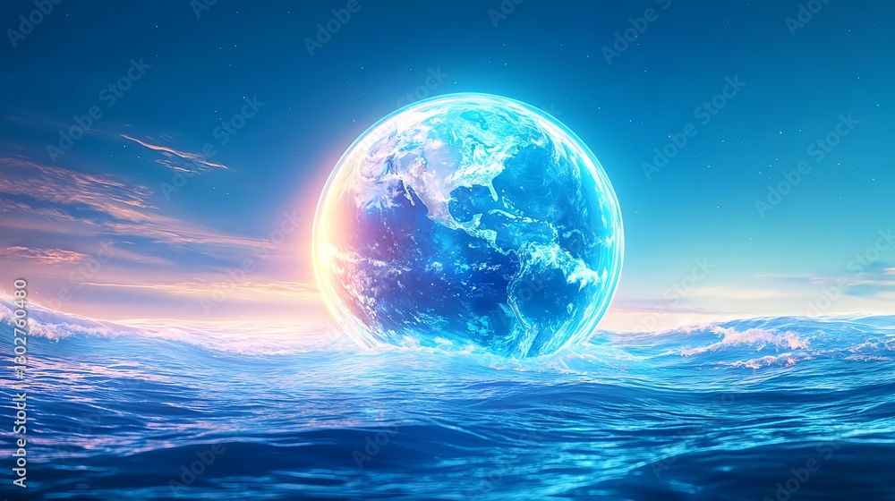Glowing Earth Rising from Ocean Waves - Futuristic concepts Glowing Earth Rising from Ocean Waves - Futuristic concepts