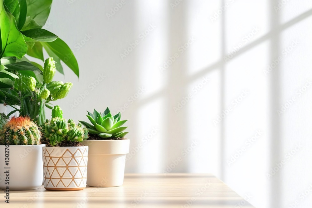 Potted plants sunlight on wooden table Potted plants sunlight on wooden table