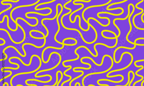 Abstract seamless pattern with yellow geometric tangled lines on purple background. Vector scribble curve line pattern.