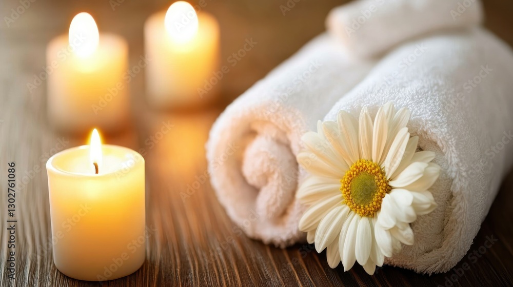 Soft White Towels with Flower and Candles for Relaxation Spa Setting Soft White Towels with Flower and Candles for Relaxation Spa Setting