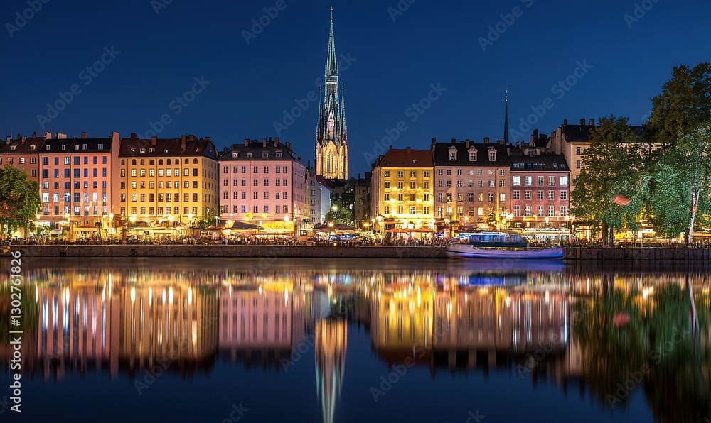 Fototapeta premium City waterfront with illuminated buildings, church spire, and reflections at night