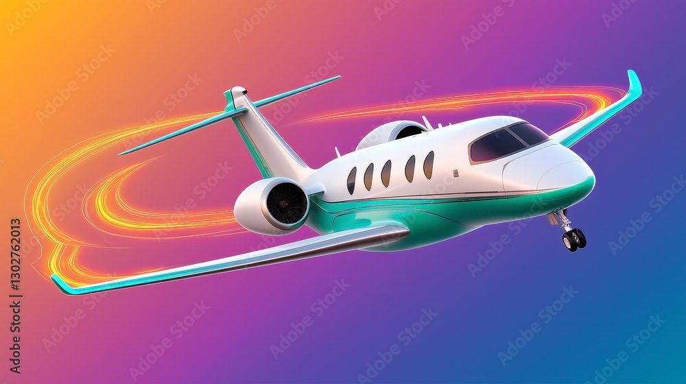 Teal and White Private Jet in Flight with Orange Light Trails Teal and White Private Jet in Flight with Orange Light Trails