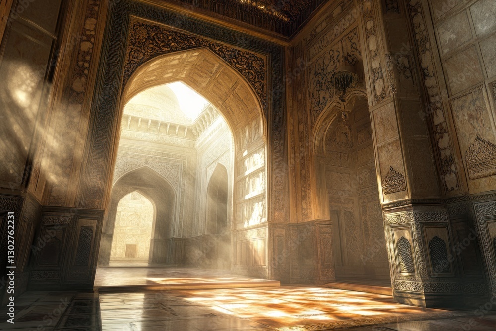 Obraz premium Sunbeams illuminate ornate mosque interior.