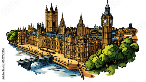 Vector comic hand-drawn illustration of Palace of Westminster. Palace of Westminster in London