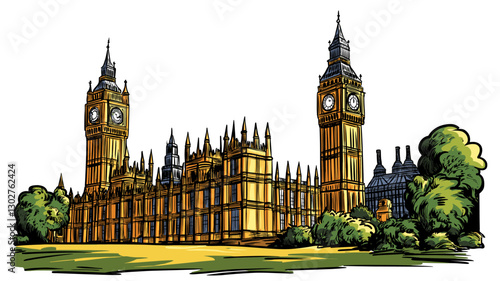 Vector comic hand-drawn illustration of Palace of Westminster. Palace of Westminster in London