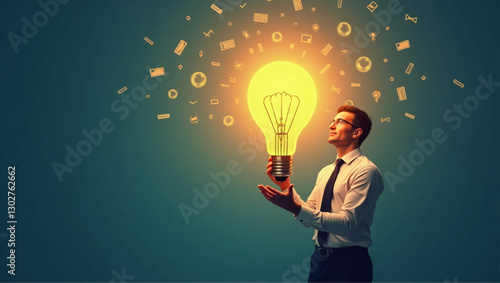 Innovative Businessman Holding Glowing Idea Bulb, Transforming Concepts into Profitable Ventures