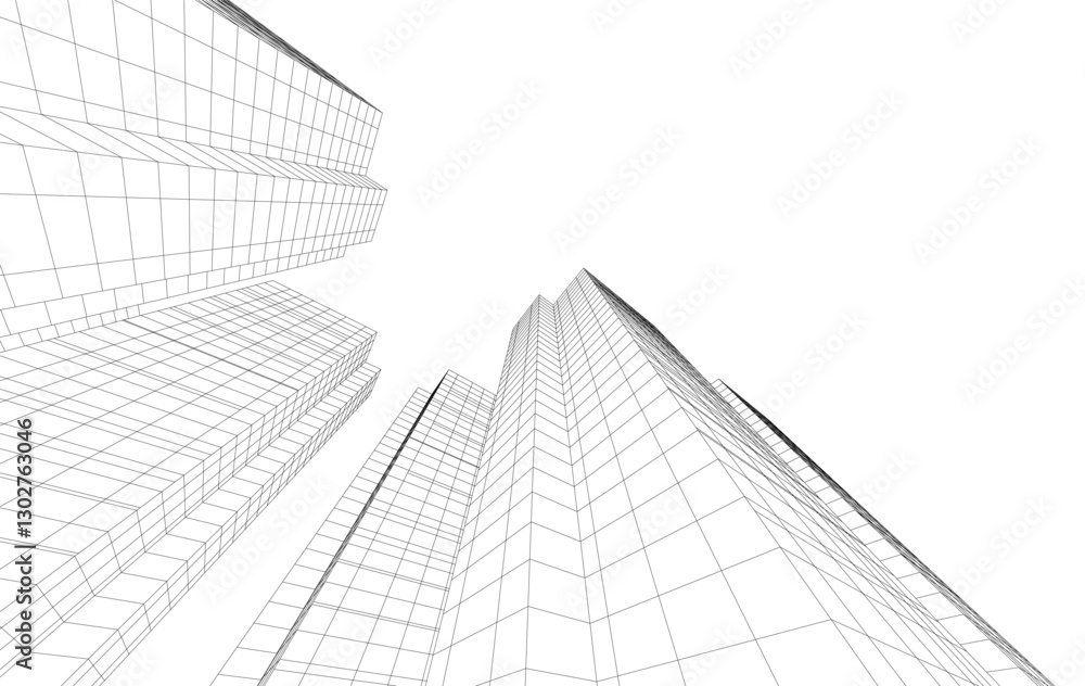 Abstract Architectural Wireframe of Modern Skyscrapers - 3D Perspective View Abstract Architectural Wireframe of Modern Skyscrapers - 3D Perspective View
