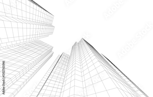 Abstract Architectural Wireframe of Modern Skyscrapers - 3D Perspective View