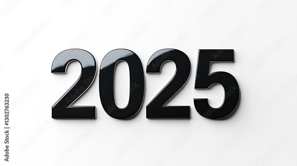 Glossy Black Numbers Representing the Year 2025 on White Background Glossy Black Numbers Representing the Year 2025 on White Background