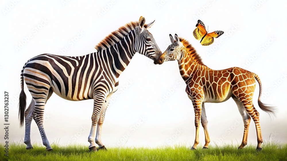 Fototapeta premium Silhouette of Zebra, Giraffe, and Butterfly on White Background - African Wildlife Candid Photography