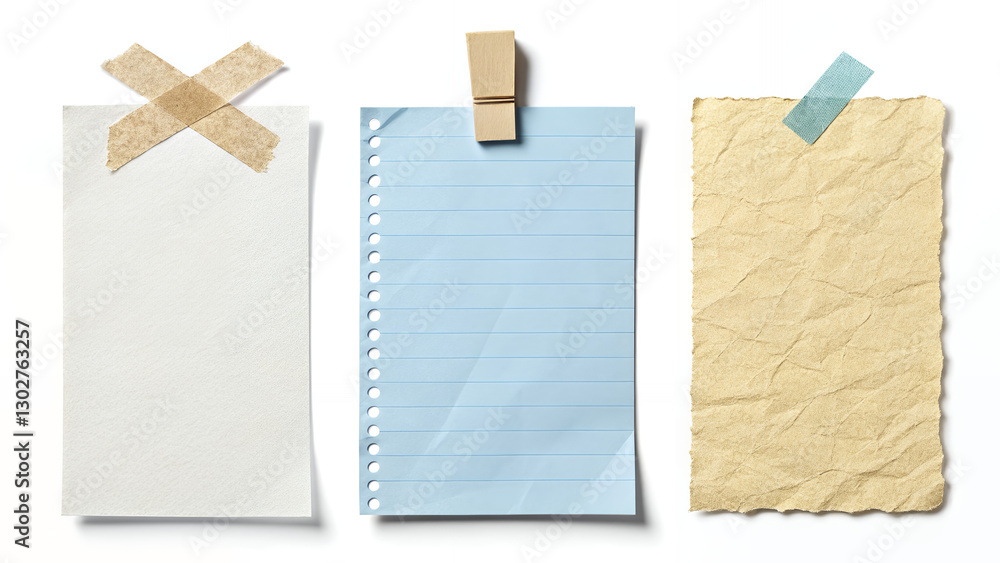 Fototapeta premium Paper Collection: Textured Notes with Tape and Clip.