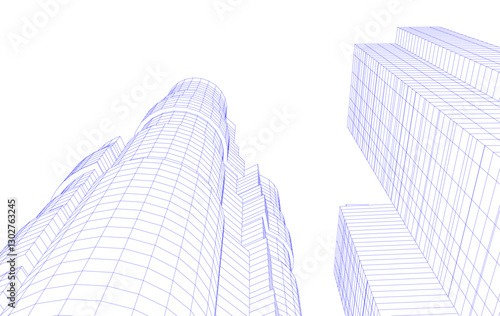 Abstract Architectural Wireframe of Modern Skyscrapers - 3D Perspective View