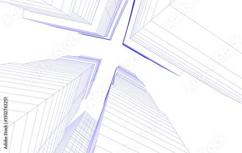 Abstract Architectural Wireframe of Modern Skyscrapers - 3D Perspective View